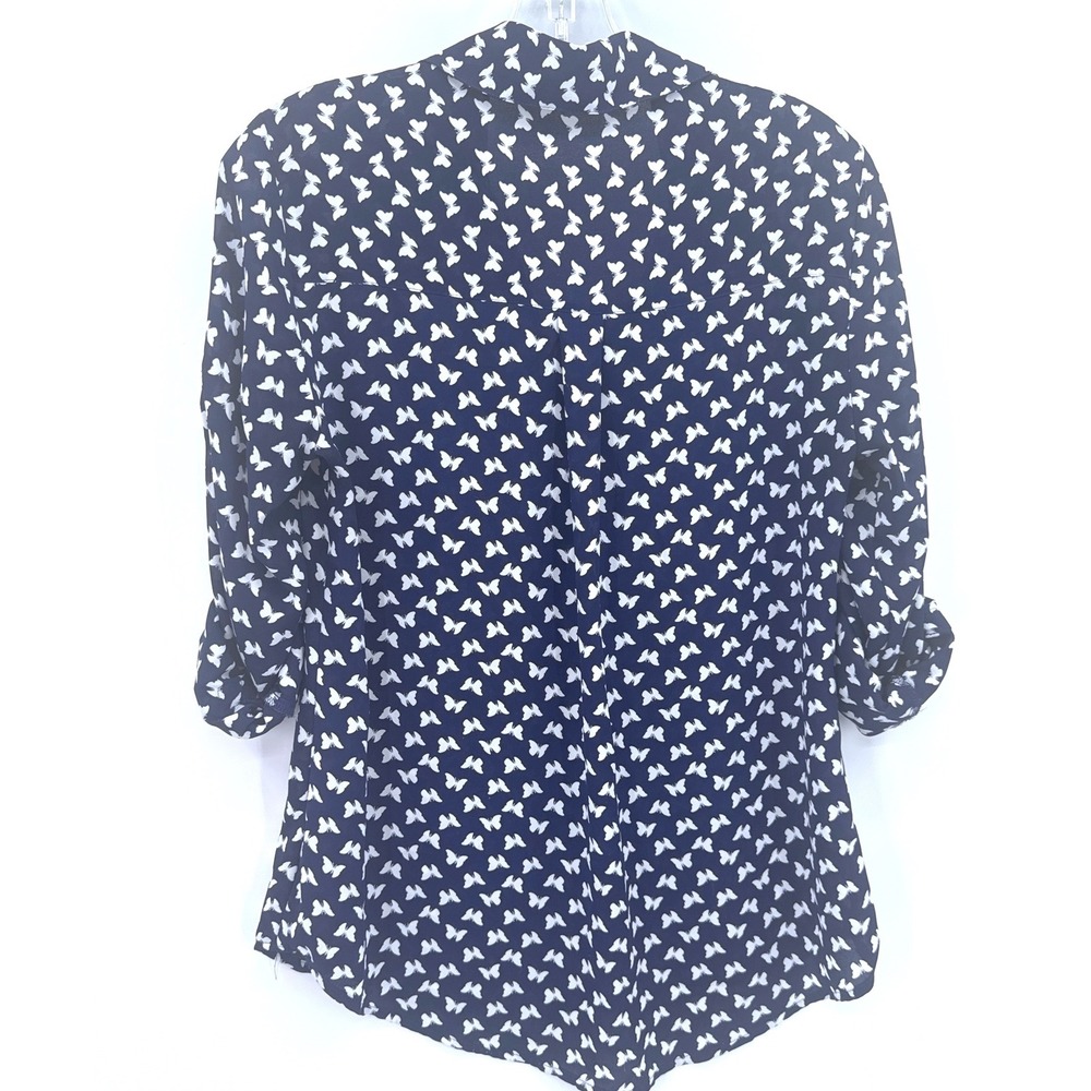 Express Portofino Butterfly Print Women's Shirt Size S Navy Blue Roll Tab Sleeve - Picture 7 of 8
